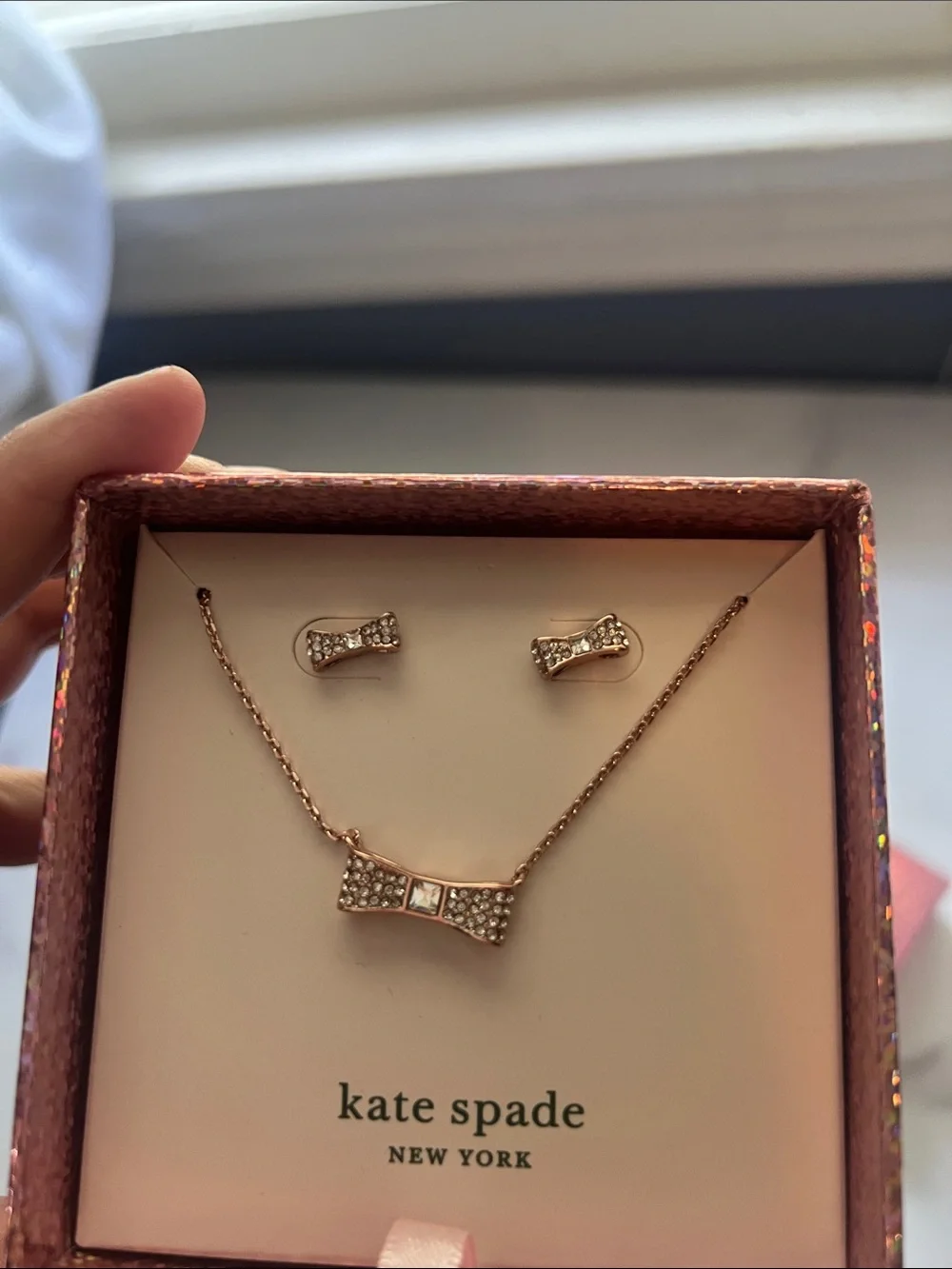 kate spade Rose Gold Crystal Bow Necklace and Stud Earrings Set
